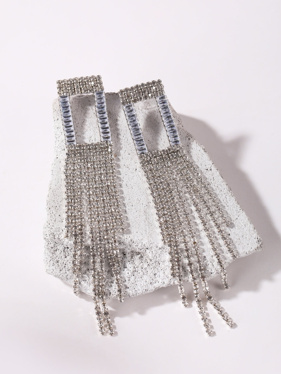 Silver-Plated Silver Rhinestone Studded Brass Handcrafted Drop Earrings