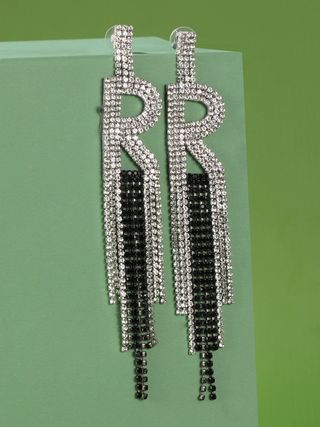 Silver-Plated Silver Rhinestone Studded Brass Handcrafted Drop Earrings