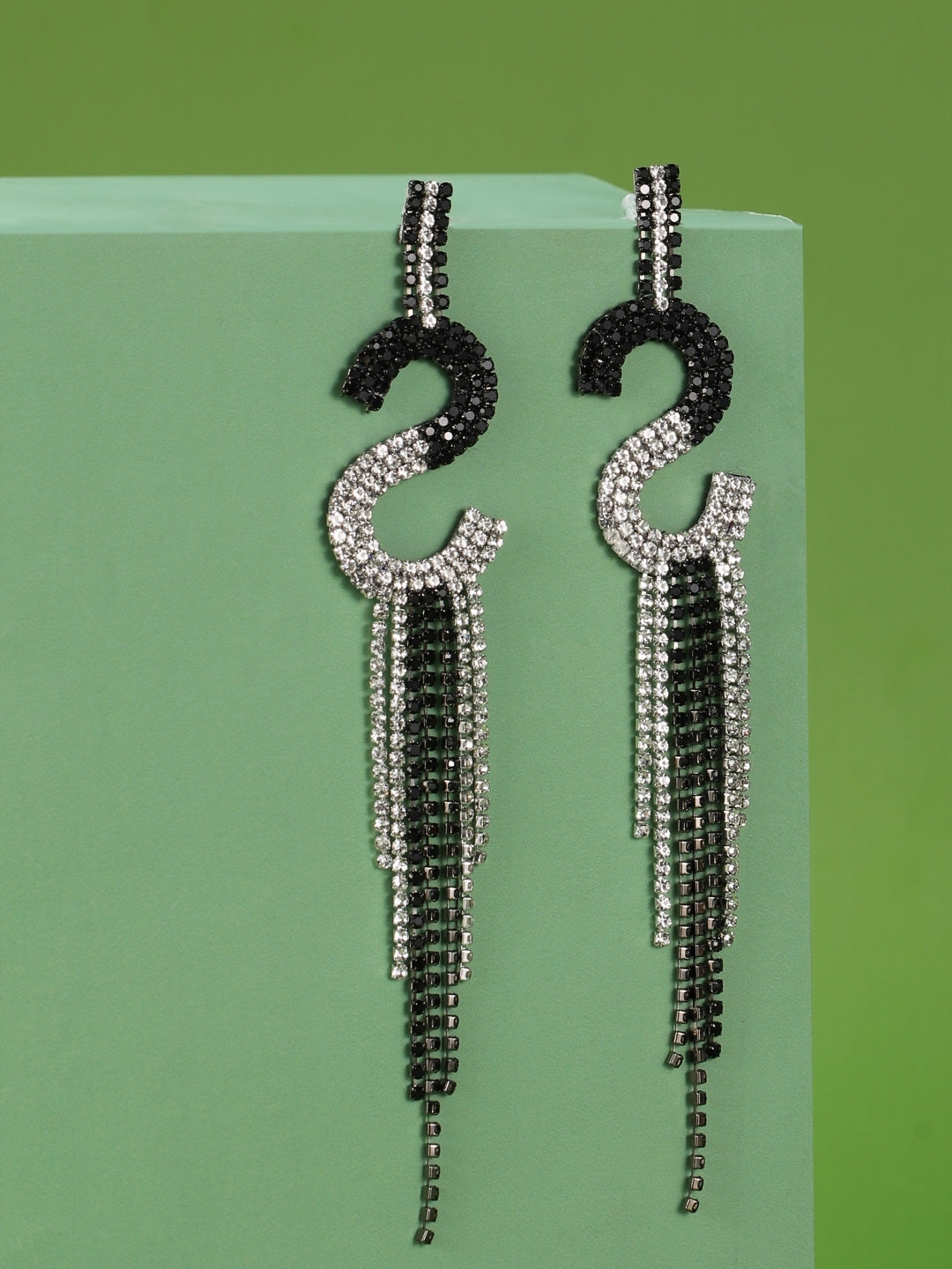Silver-Plated Silver Rhinestone Studded Brass Handcrafted Drop Earrings