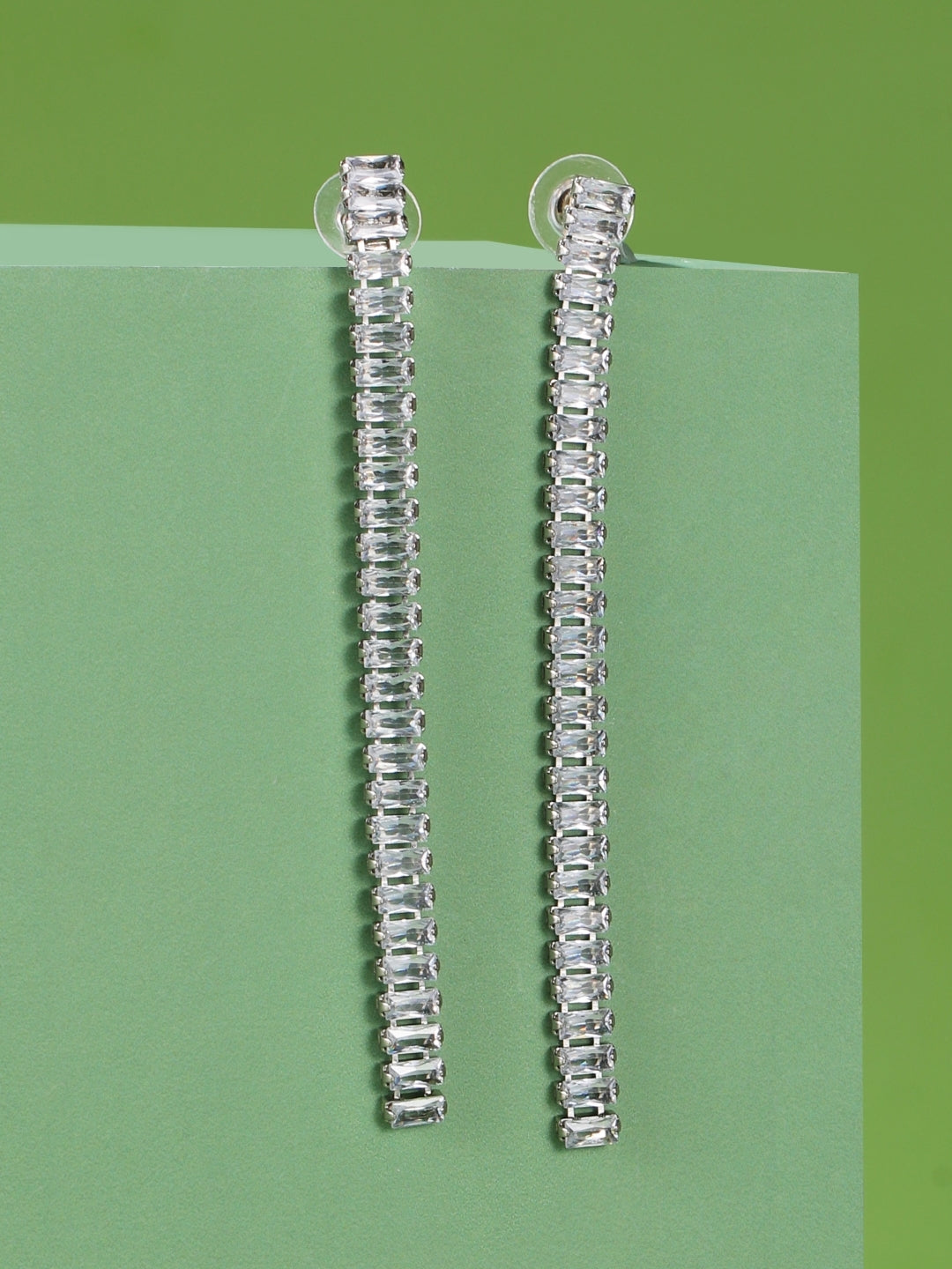 Silver-Plated Silver Rhinestone Studded Brass Handcrafted Drop Earrings