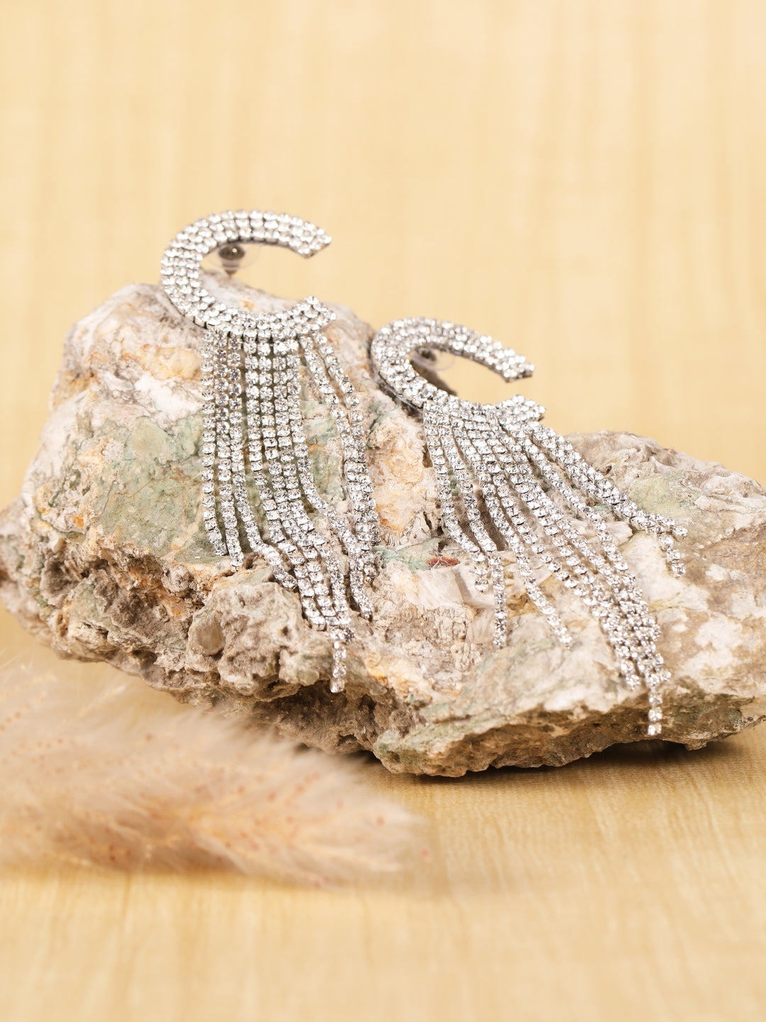 Silver-Plated Silver Rhinestone Studded Brass Handcrafted Drop Earrings