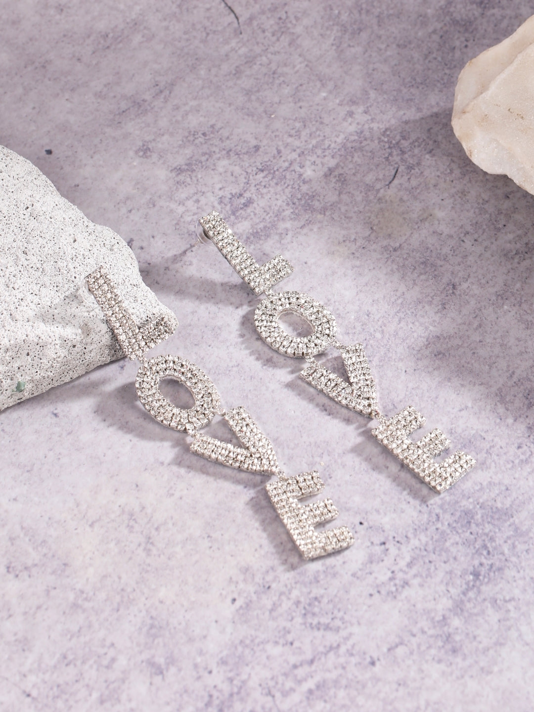 Silver-Plated Silver Rhinestone Studded Brass Handcrafted Drop Earrings