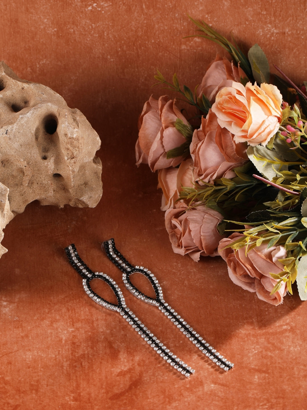 Silver-Plated Silver Rhinestone Studded Brass Handcrafted Drop Earrings