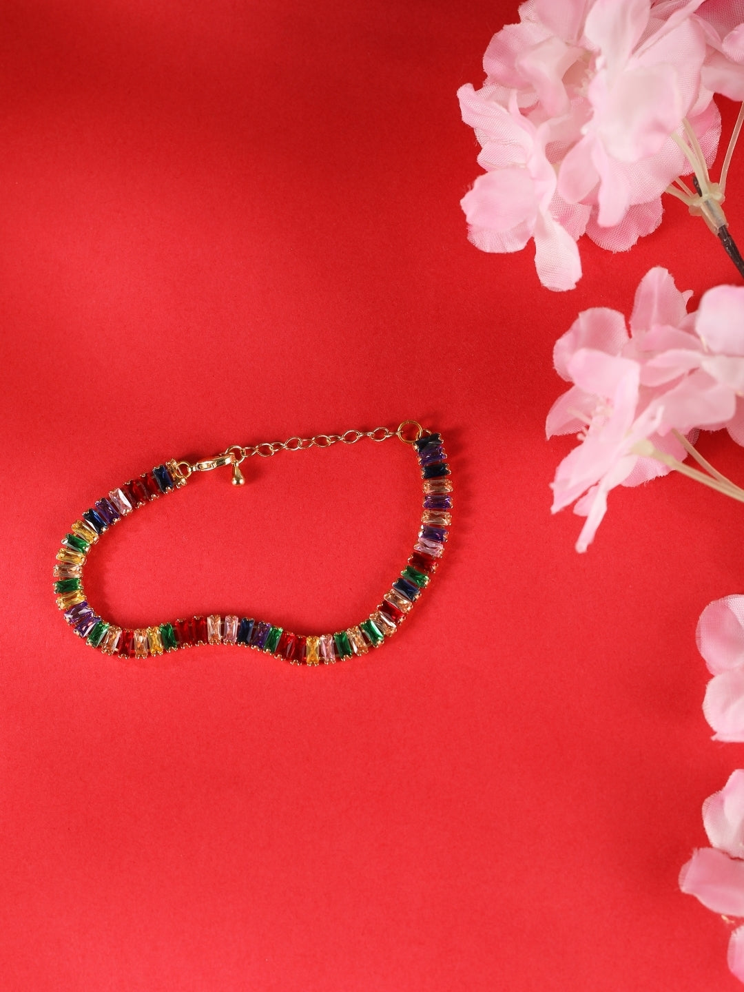 Gold-Plated Gold & Multi Rhinestone Studded Handcrafted Brass Bracelet