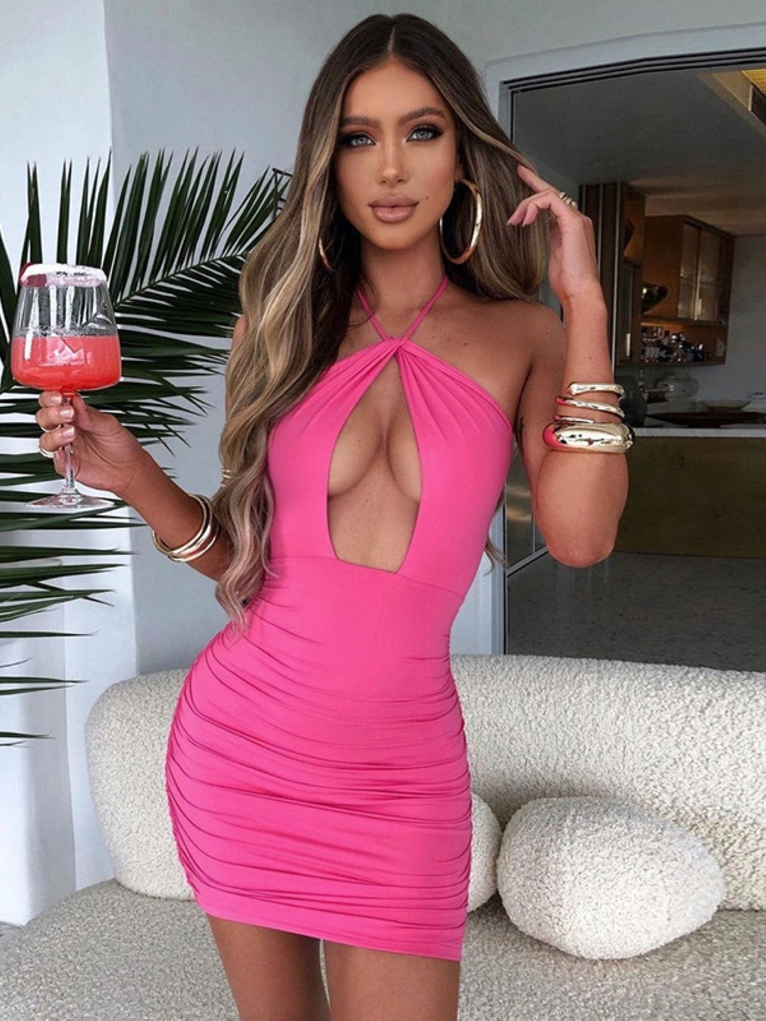 Pink V-Neck Bodycon Sleeveless Solid Above Knee Polyester Dress