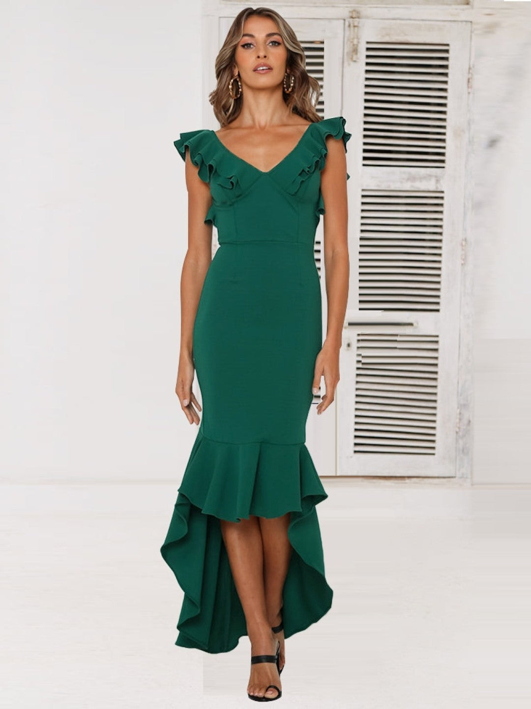 Green V-Neck Bodycon Sleeveless Solid Maxi Polyester Dress