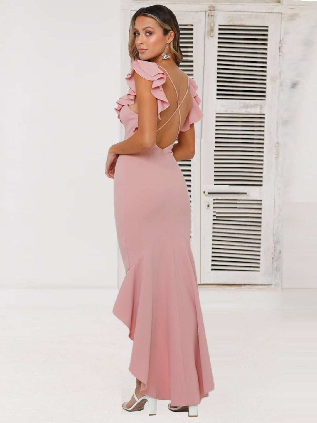 Pink V-Neck Bodycon Sleeveless Solid Maxi Polyester Dress