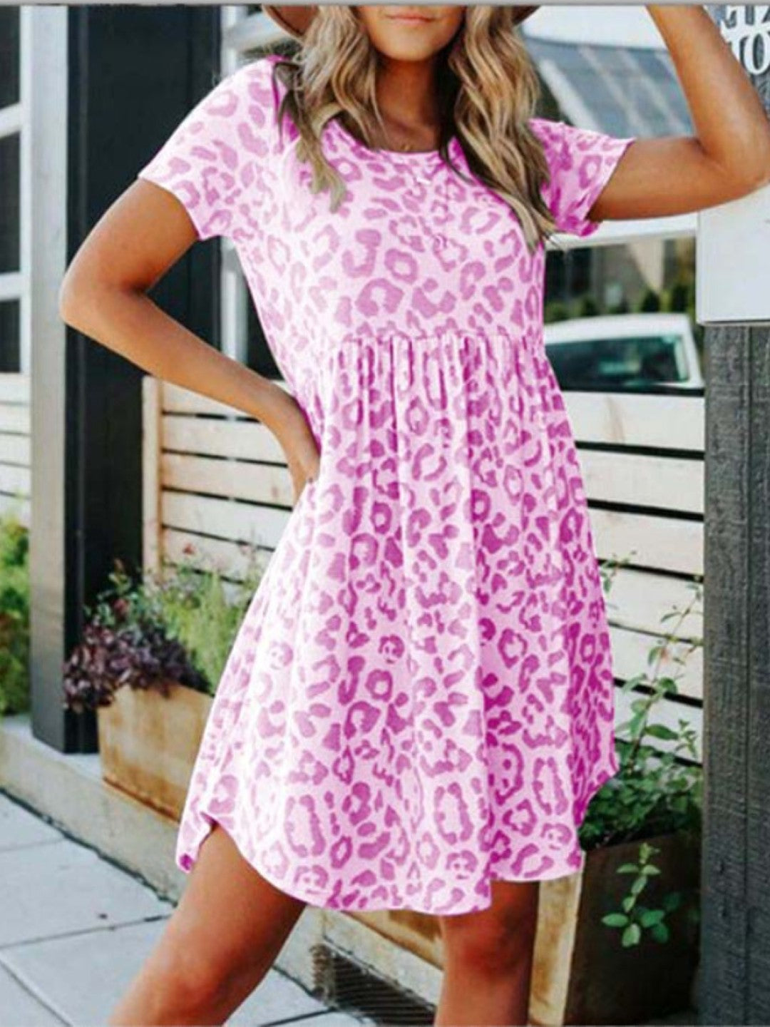 Dark Pink Round Neck A-Line Short Sleeves Animal Above Knee Polyester Dress