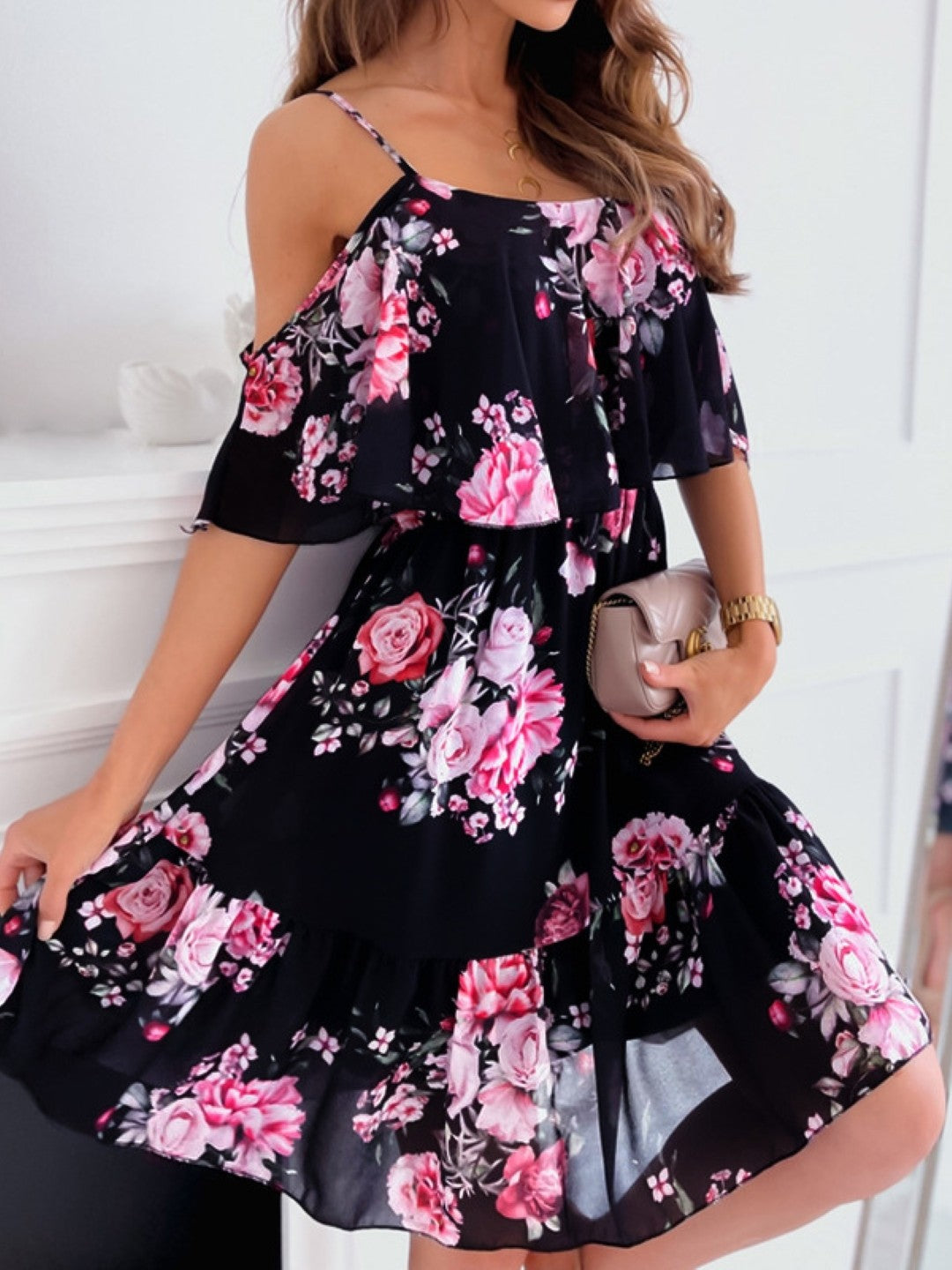 Black Shoulder Straps A-Line Short Sleeves Floral Knee Length Polyester Dress