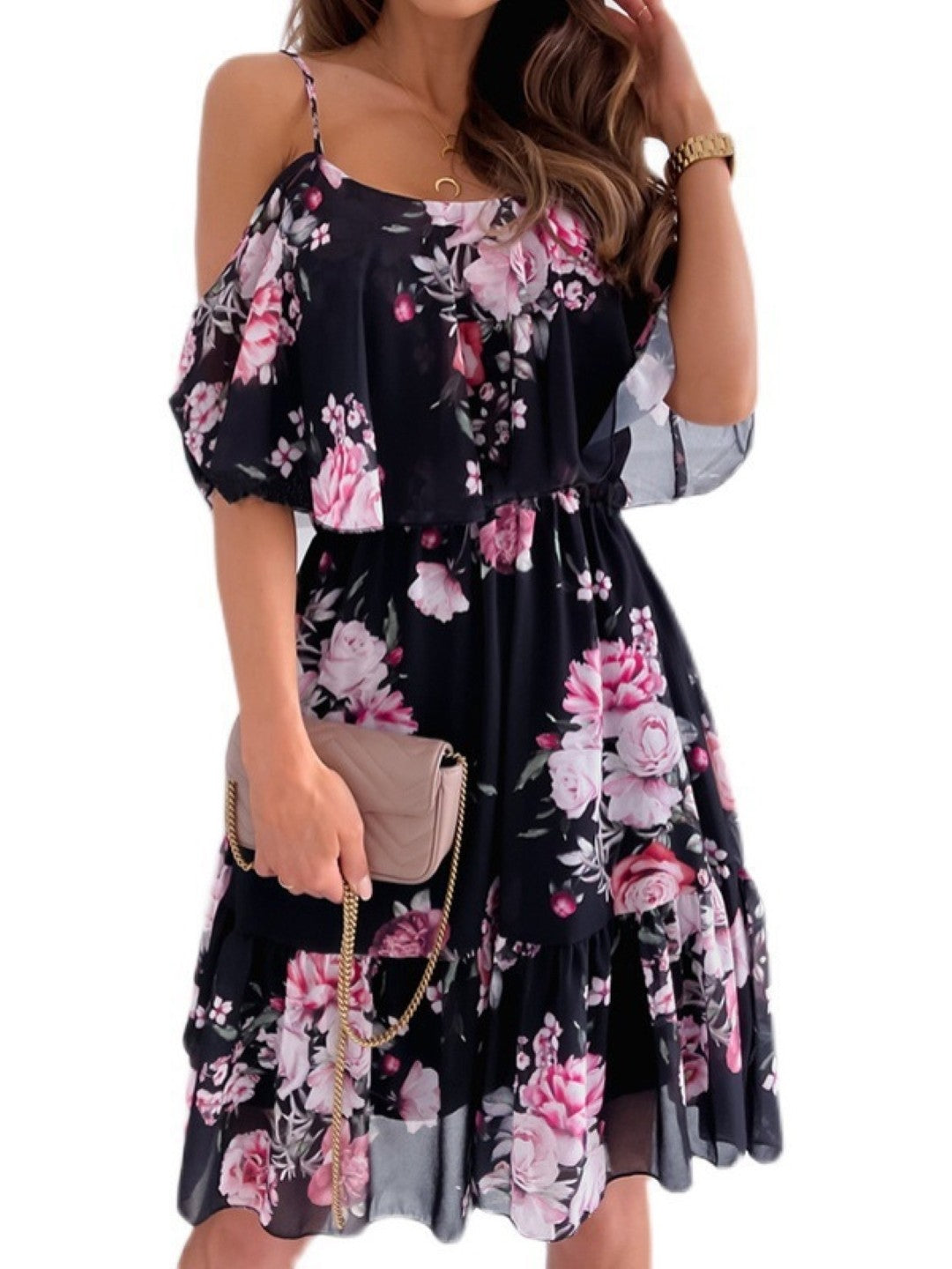 Black Shoulder Straps A-Line Short Sleeves Floral Knee Length Polyester Dress