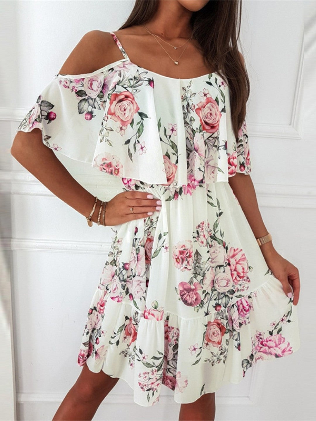 White Shoulder Straps A-Line Short Sleeves Floral Knee Length Polyester Dress