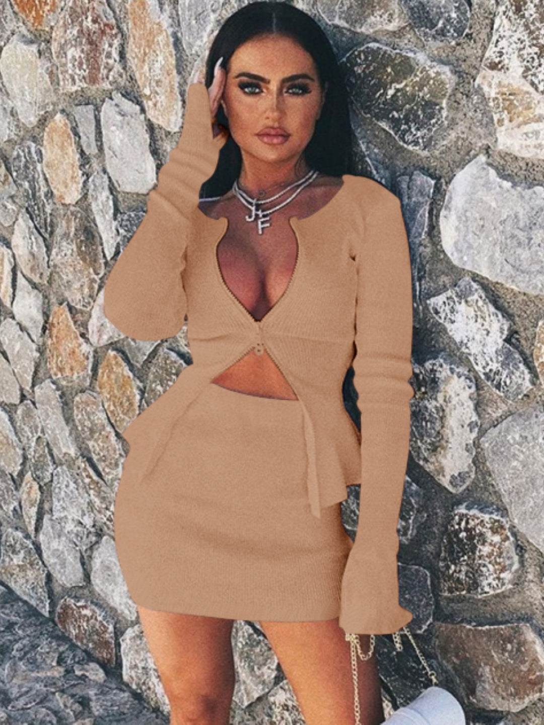 Khaki Round Neck Long Sleeves Polyester Top & Skirt Set