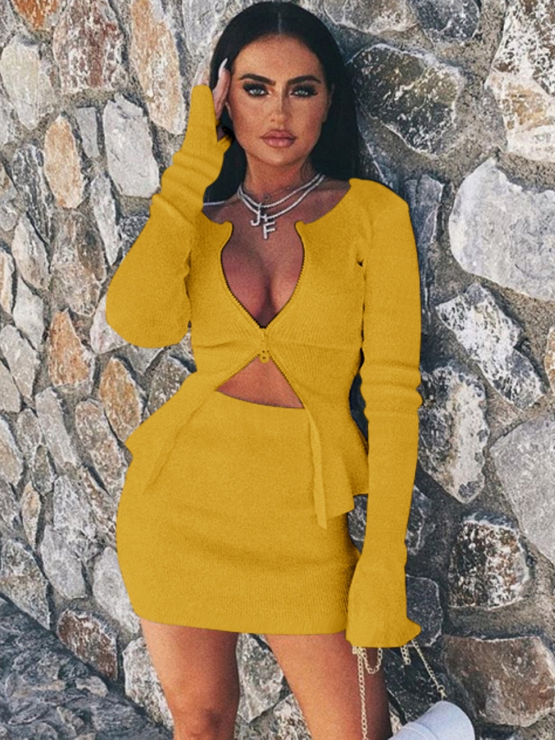 Yellow Round Neck Long Sleeves Polyester Top & Skirt Set