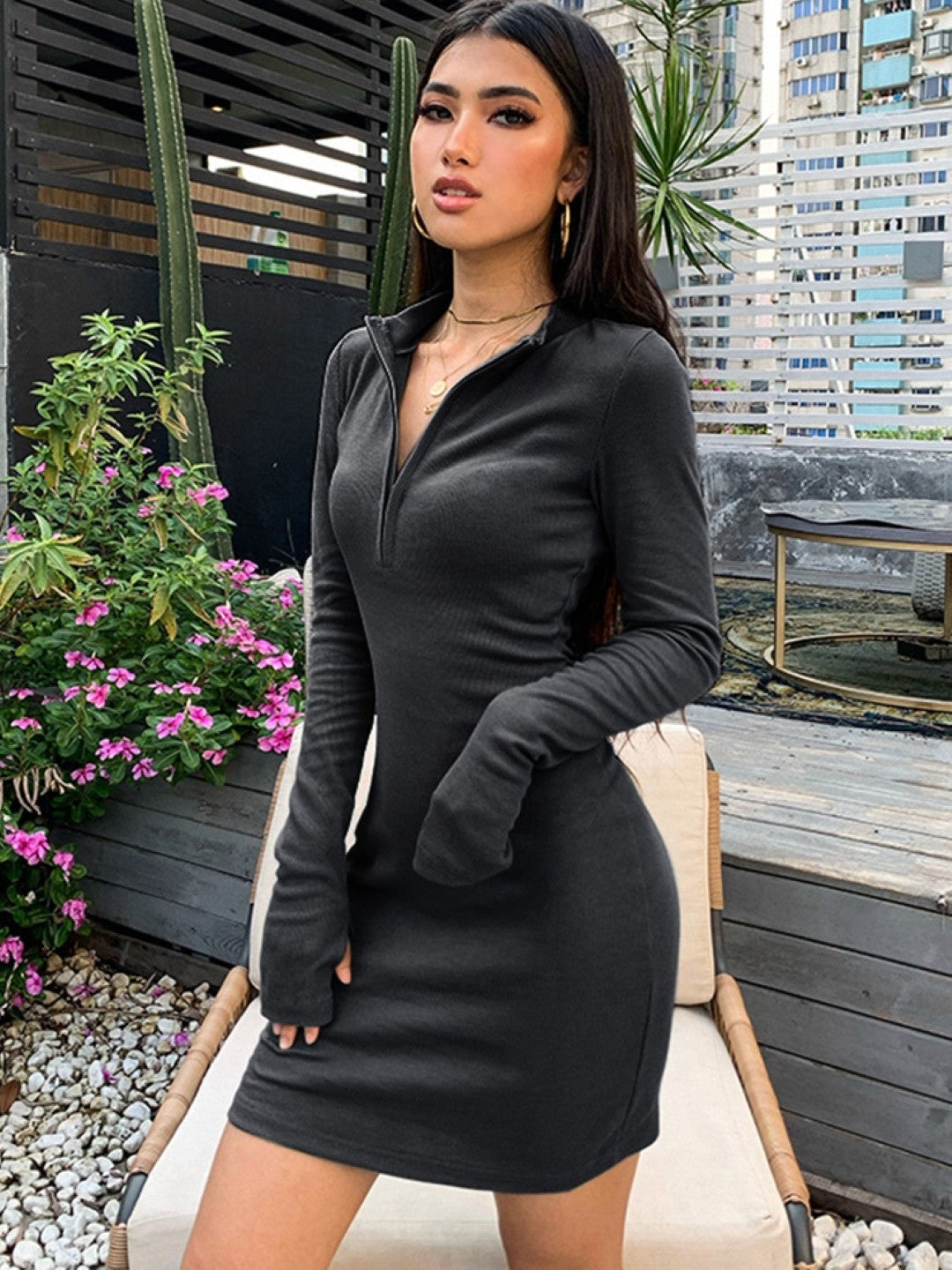 Black V-Neck Solid Bodycon Long Sleeves Polyester Dress