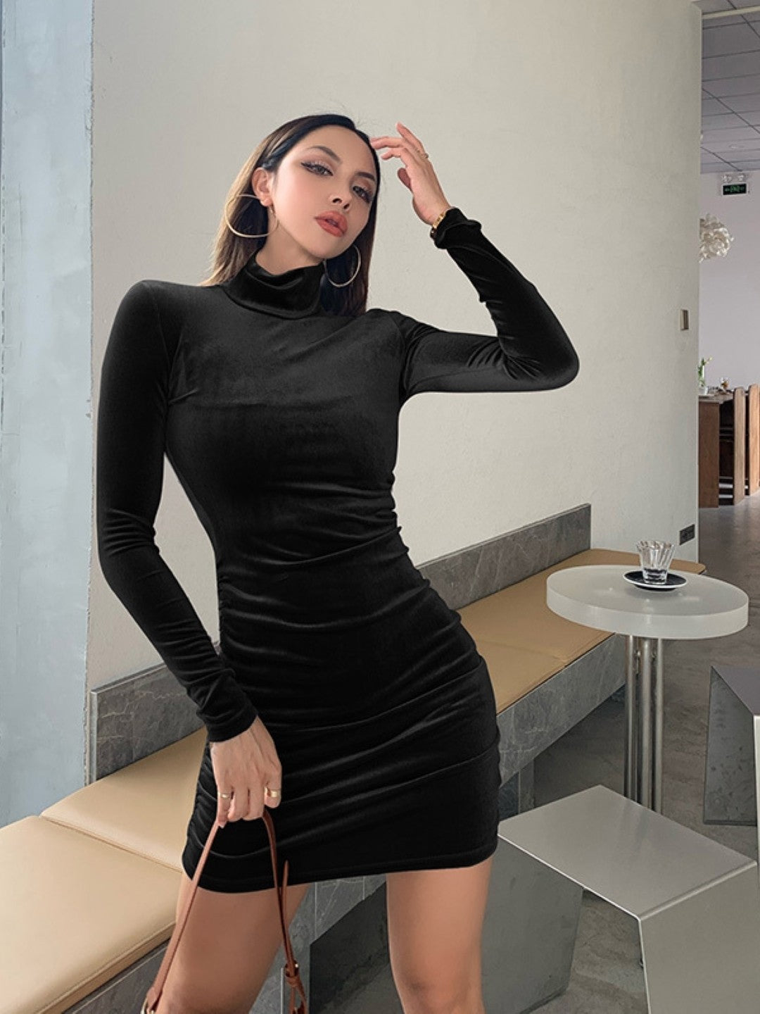 Black High Neck Bodycon Long Sleeves Solid Above Knee Polyester Dress