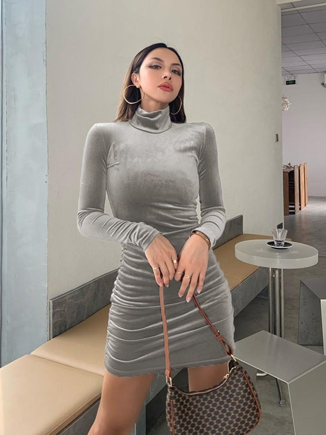 Grey High Neck Bodycon Long Sleeves Solid Above Knee Polyester Dress