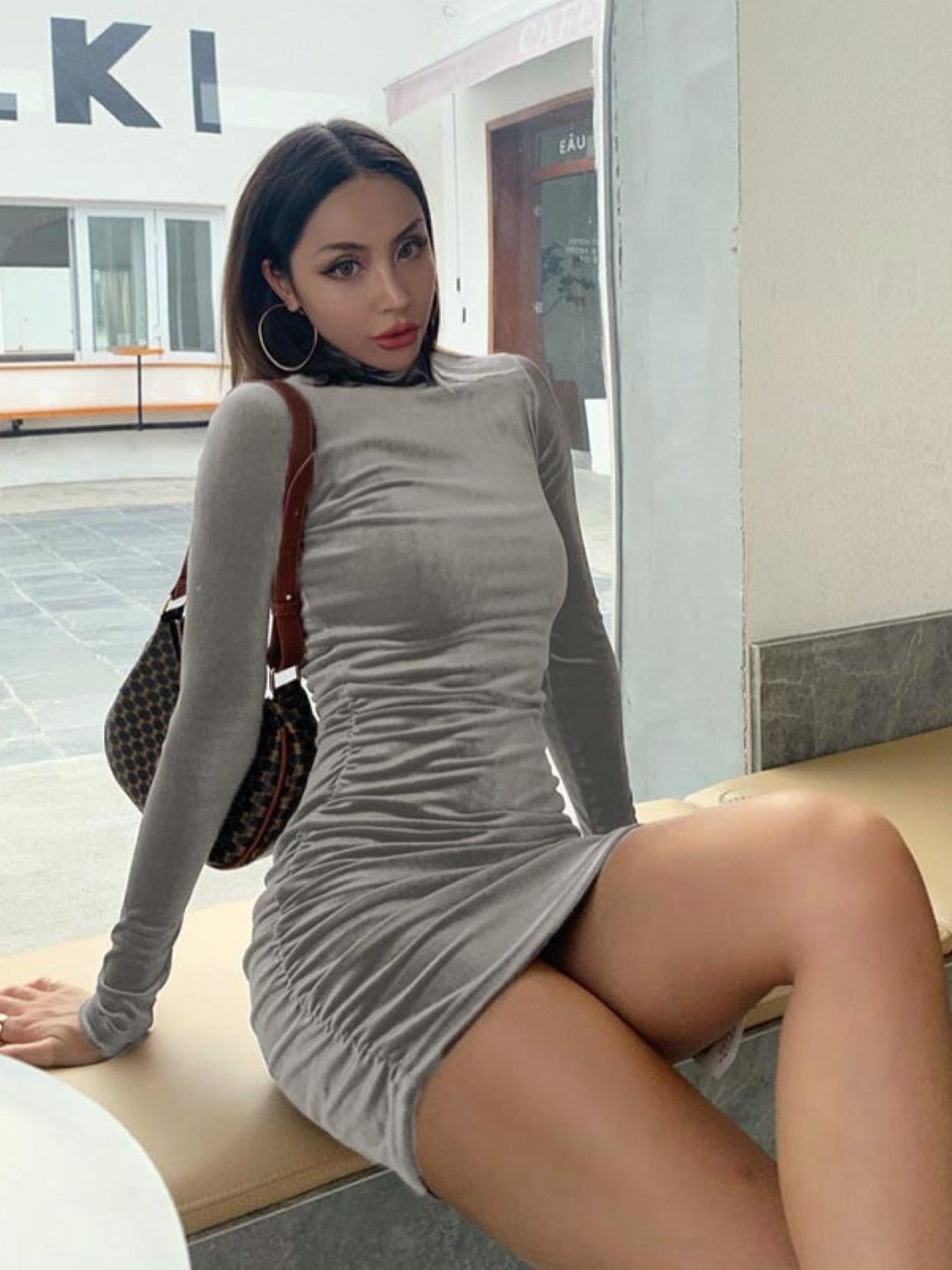 Grey High Neck Bodycon Long Sleeves Solid Above Knee Polyester Dress