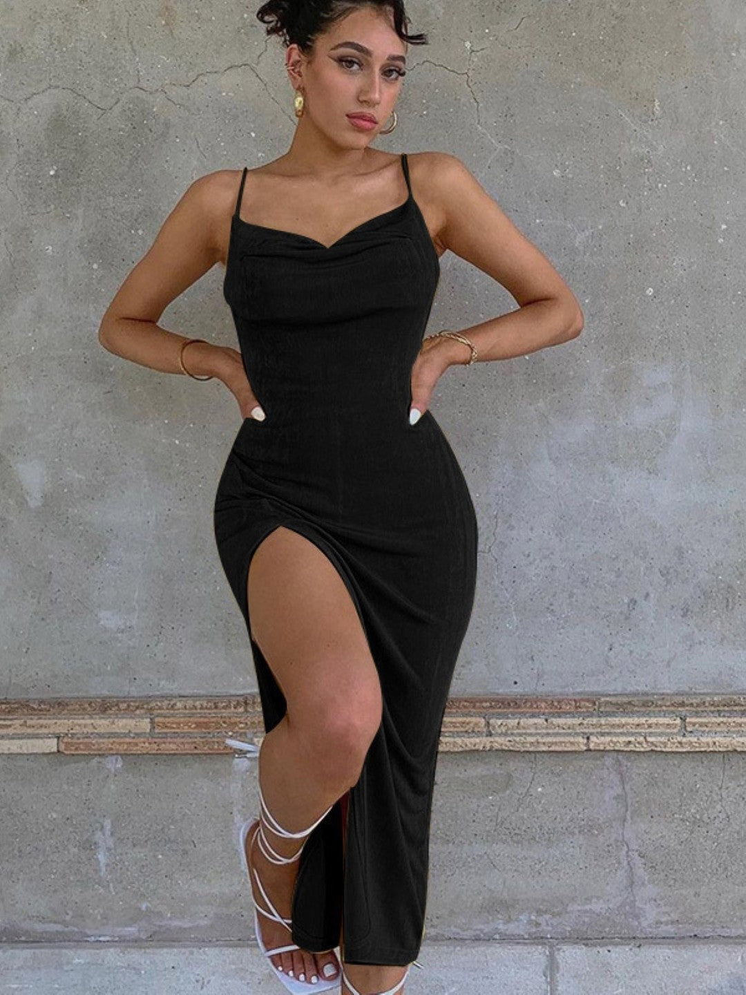 Black Shoulder Straps Bodycon Sleeveless Solid Maxi Polyester Dress