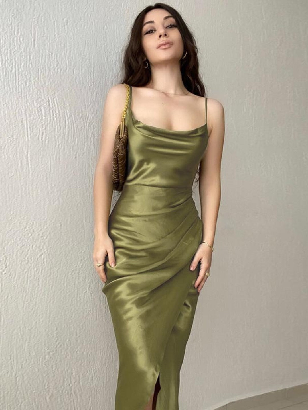 Green Shoulder Straps Bodycon Sleeveless Solid Maxi Polyester Dress