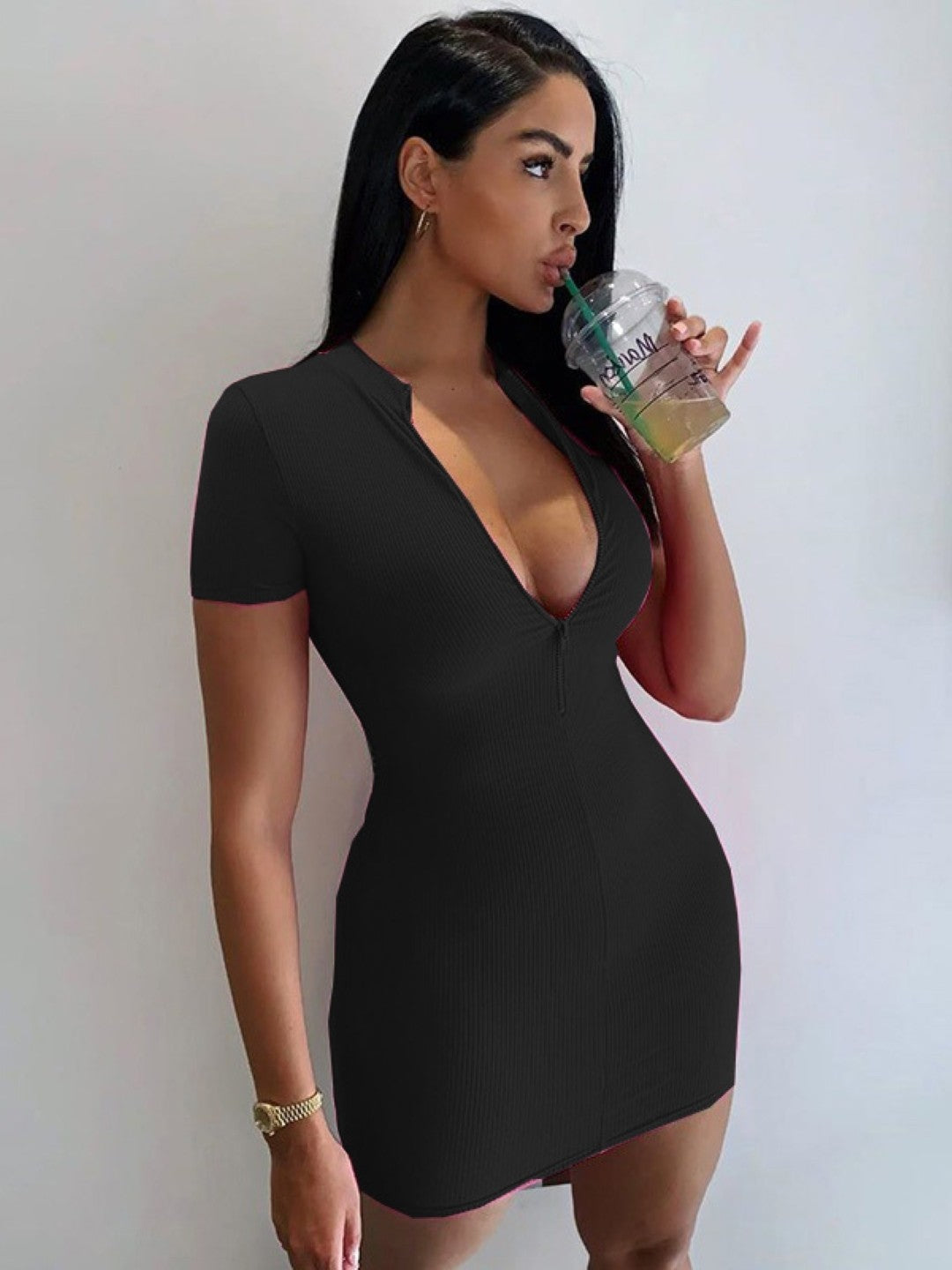 Black V-Neck Bodycon Short Sleeves Solid Above Knee Polyester Dress