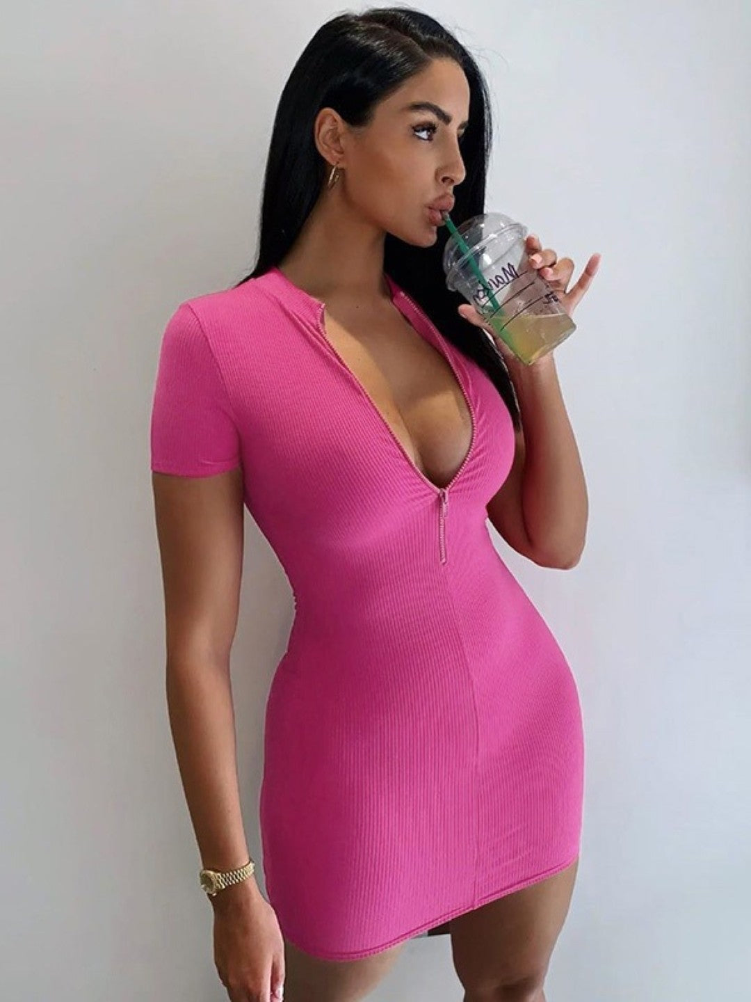 Pink V-Neck Bodycon Short Sleeves Solid Above Knee Polyester Dress