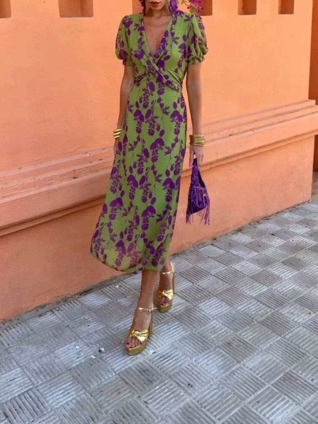 Bold Green & Purple Puff Sleeve Midi Dress