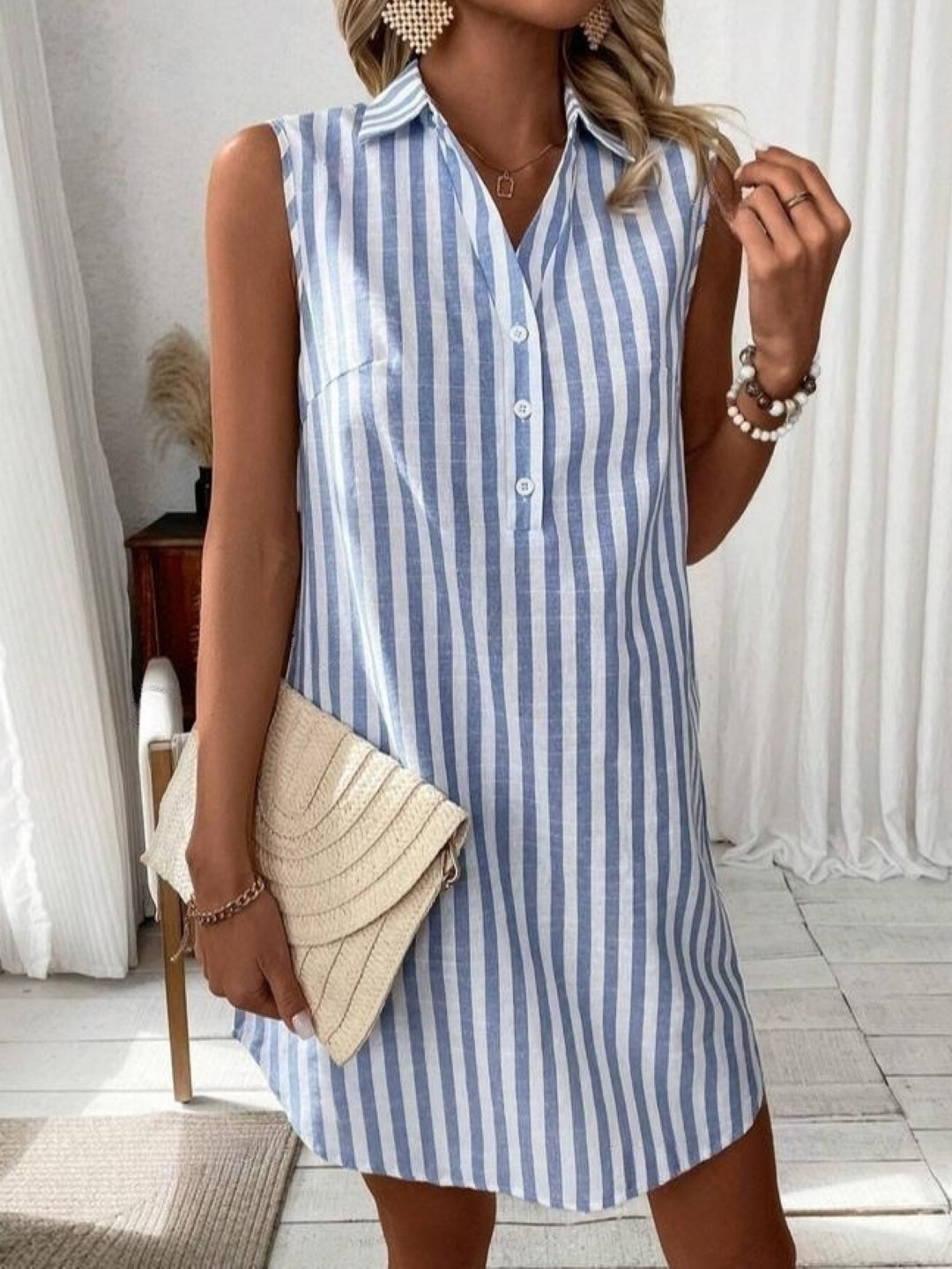 Blue & White Striped Sleeveless Shirt Dress