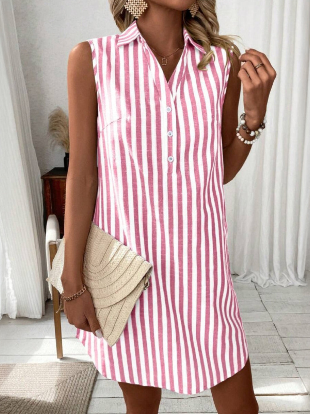 Pink & White Striped Sleeveless Shirt Dress