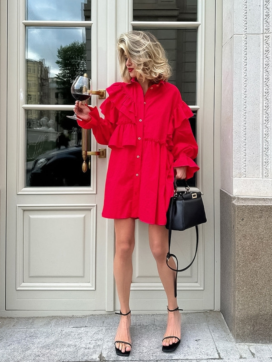 Red Ruffled Button-Down Shirt Dress ?Bold Elegance