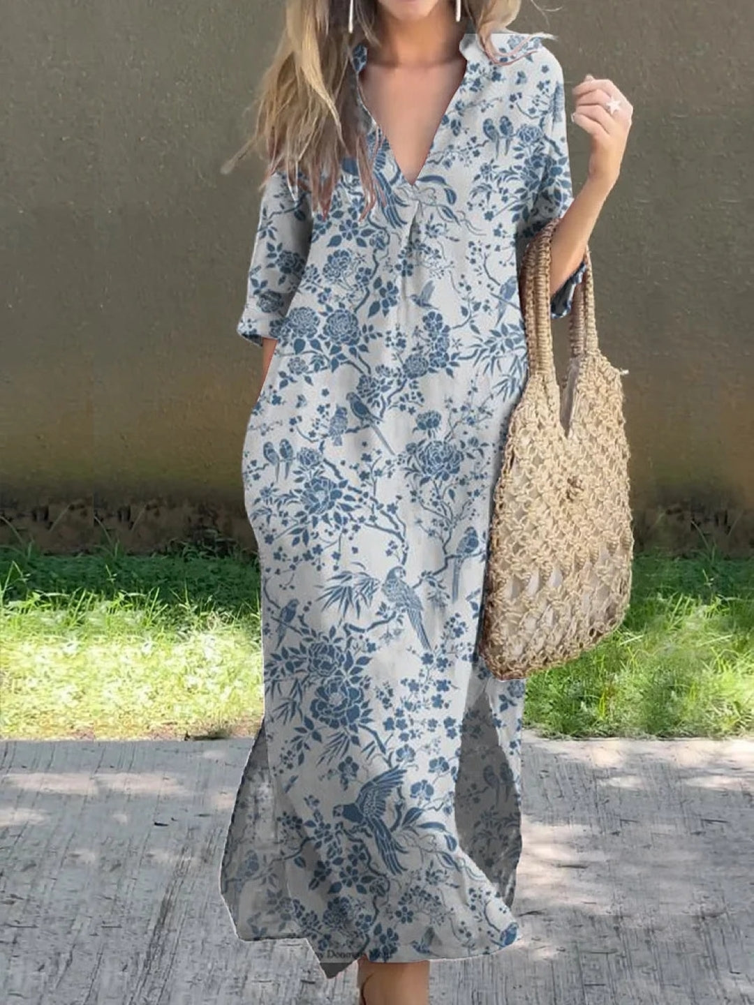 Boho Floral Maxi Dress - Blue