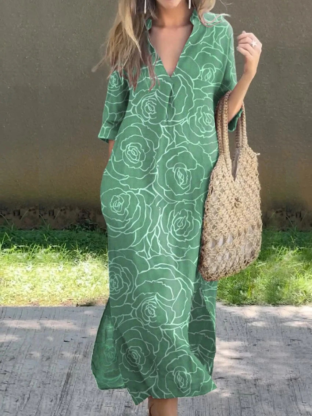 Boho Rose Print Maxi Dress - Green