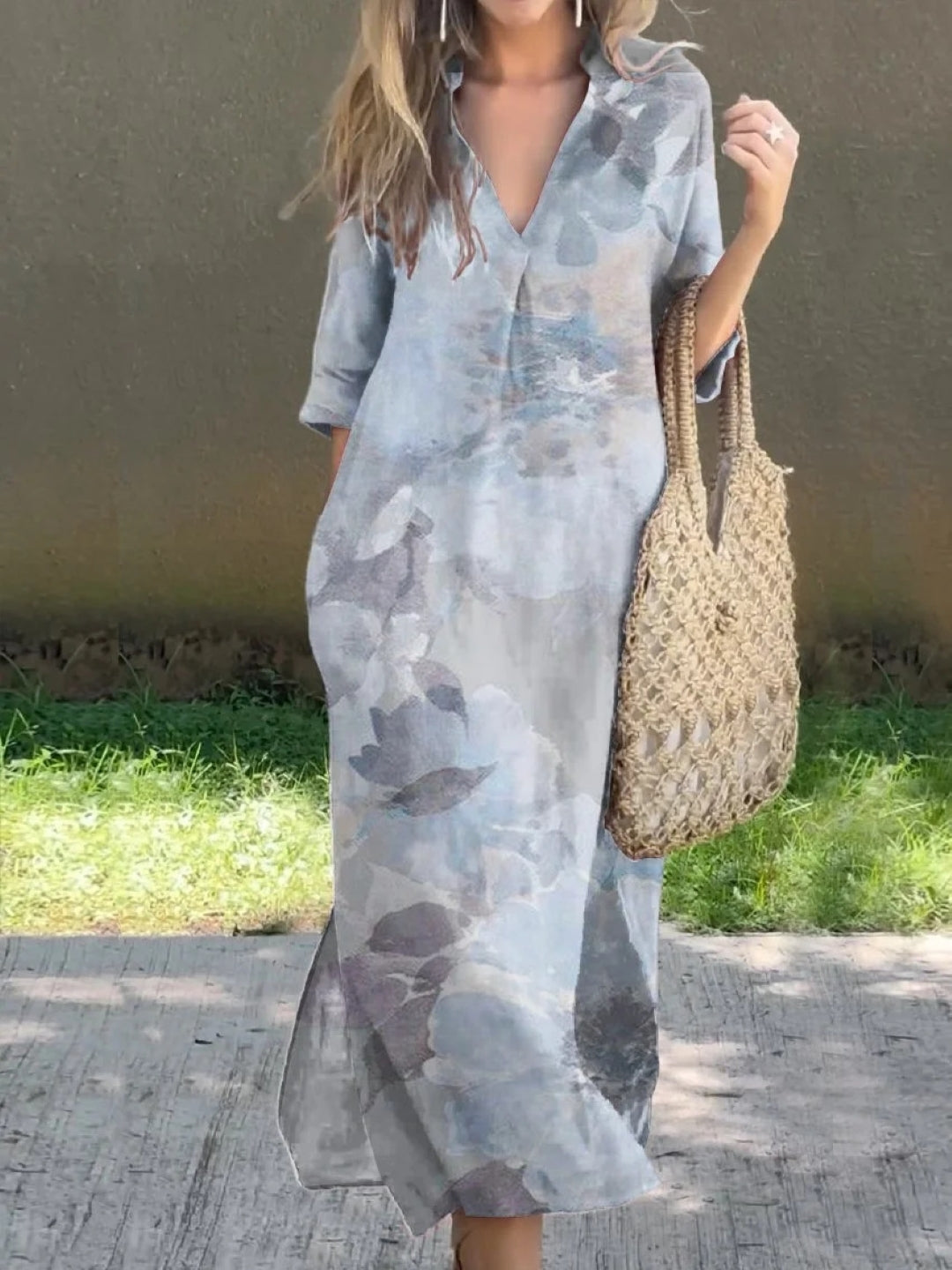 Boho Watercolor Floral Maxi Dress - Light Grey