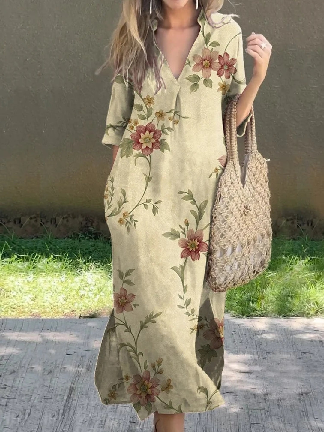 Boho Floral Print Maxi Dress - Light Yellow