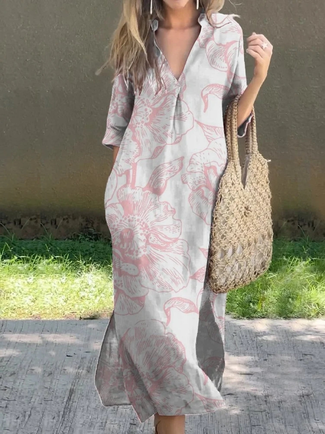 Boho Large Floral Maxi Dress - Pink