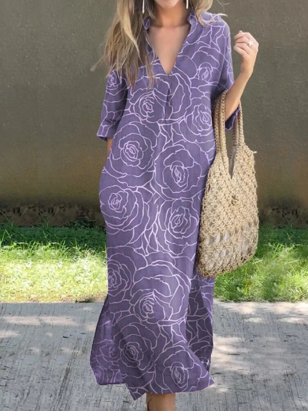 Boho Rose Print Maxi Dress - Purple