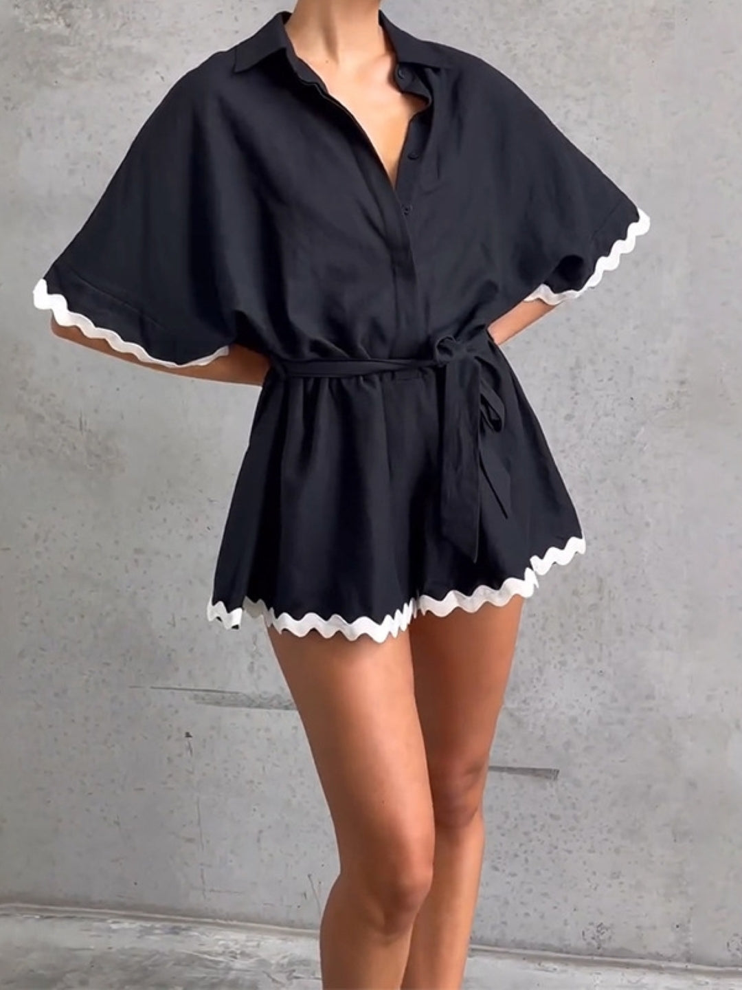 Black Contrast Trim Belted Romper