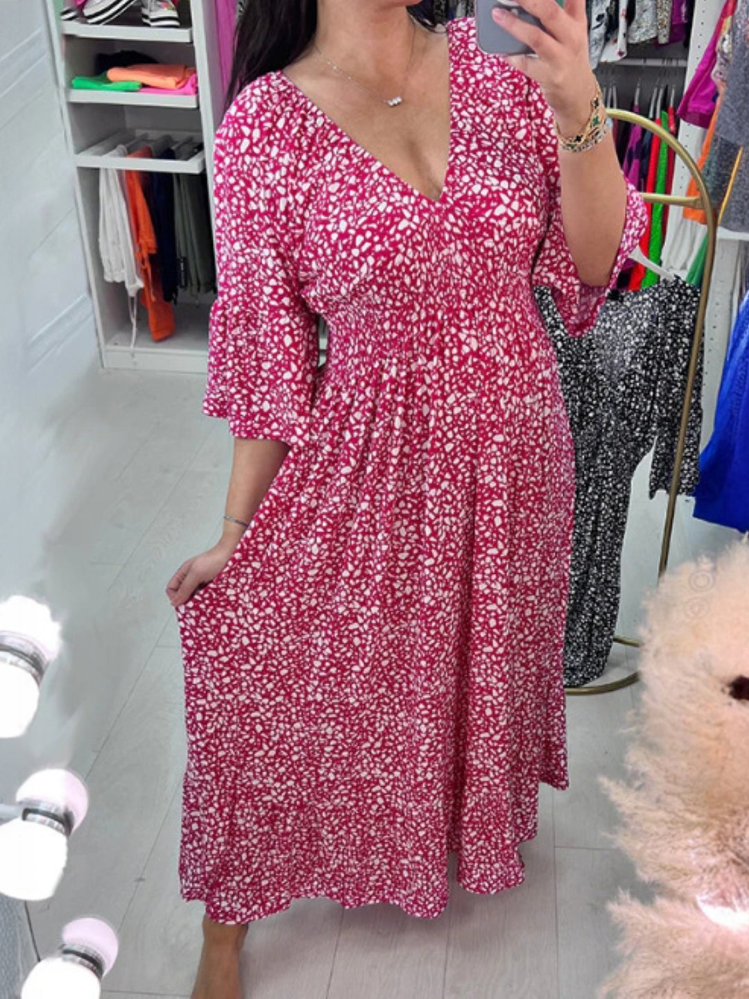 Boho Pink V-Neck Floral Midi Dress