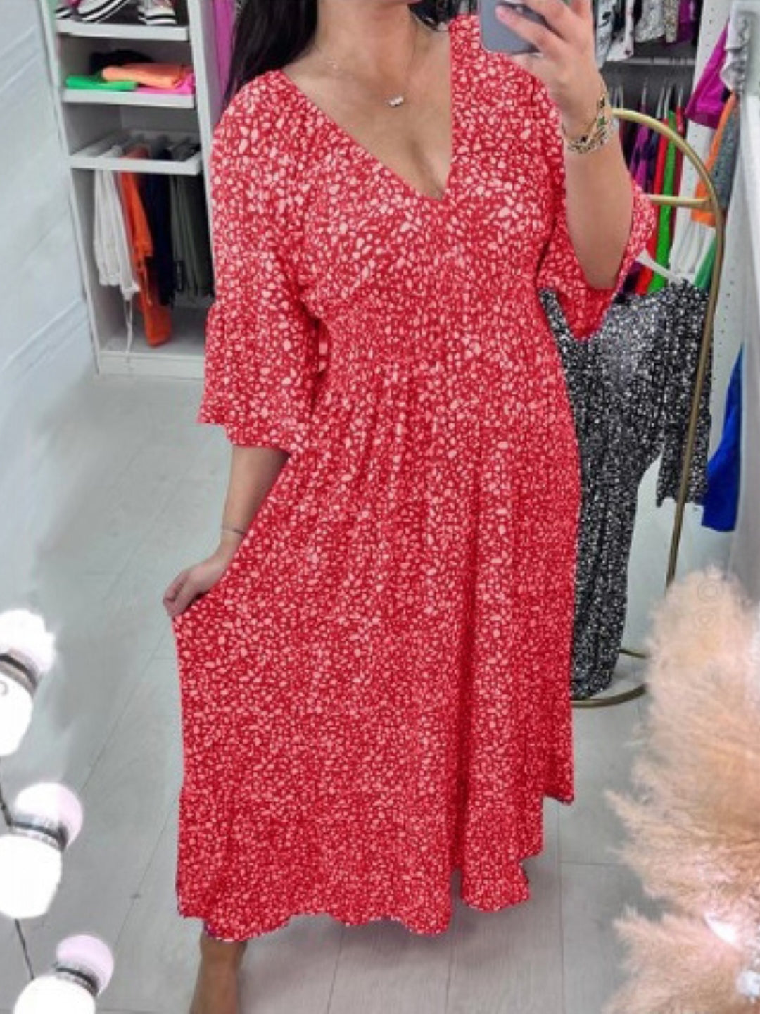 Boho Red V-Neck Floral Midi Dress