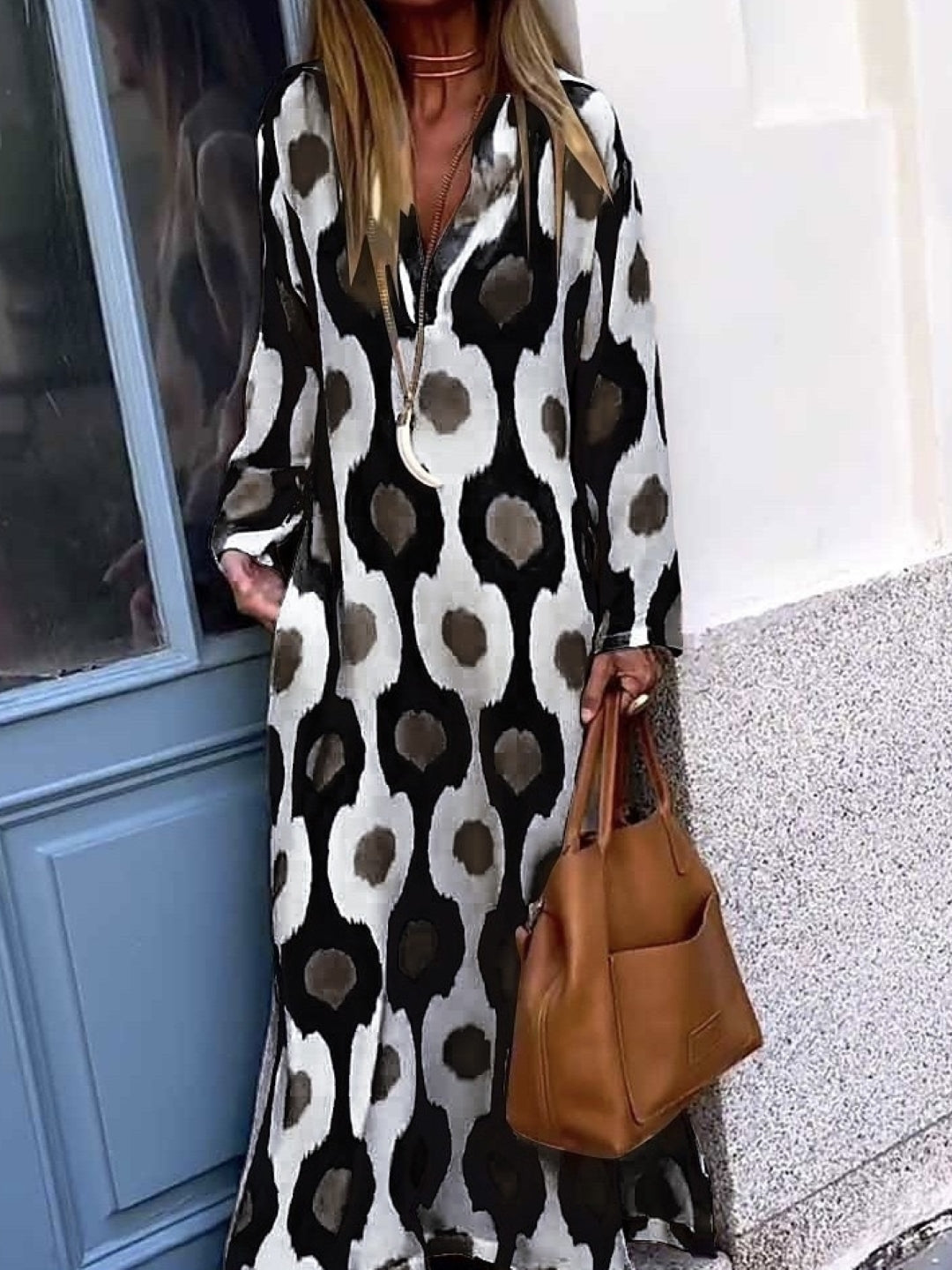 Boho Black & White Maxi Kaftan Dress
