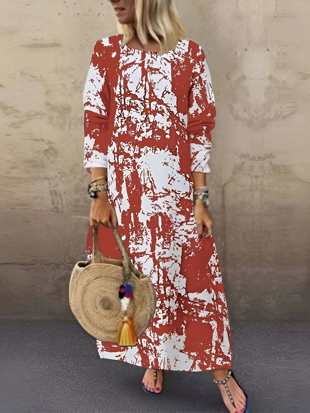 Long Sleeve Abstract Print Maxi Dress - Red