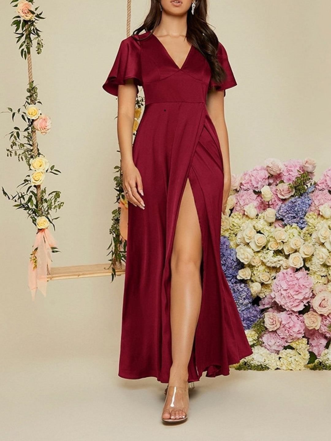 Flutter Sleeve V-Neck Maxi Dress - Burgundy