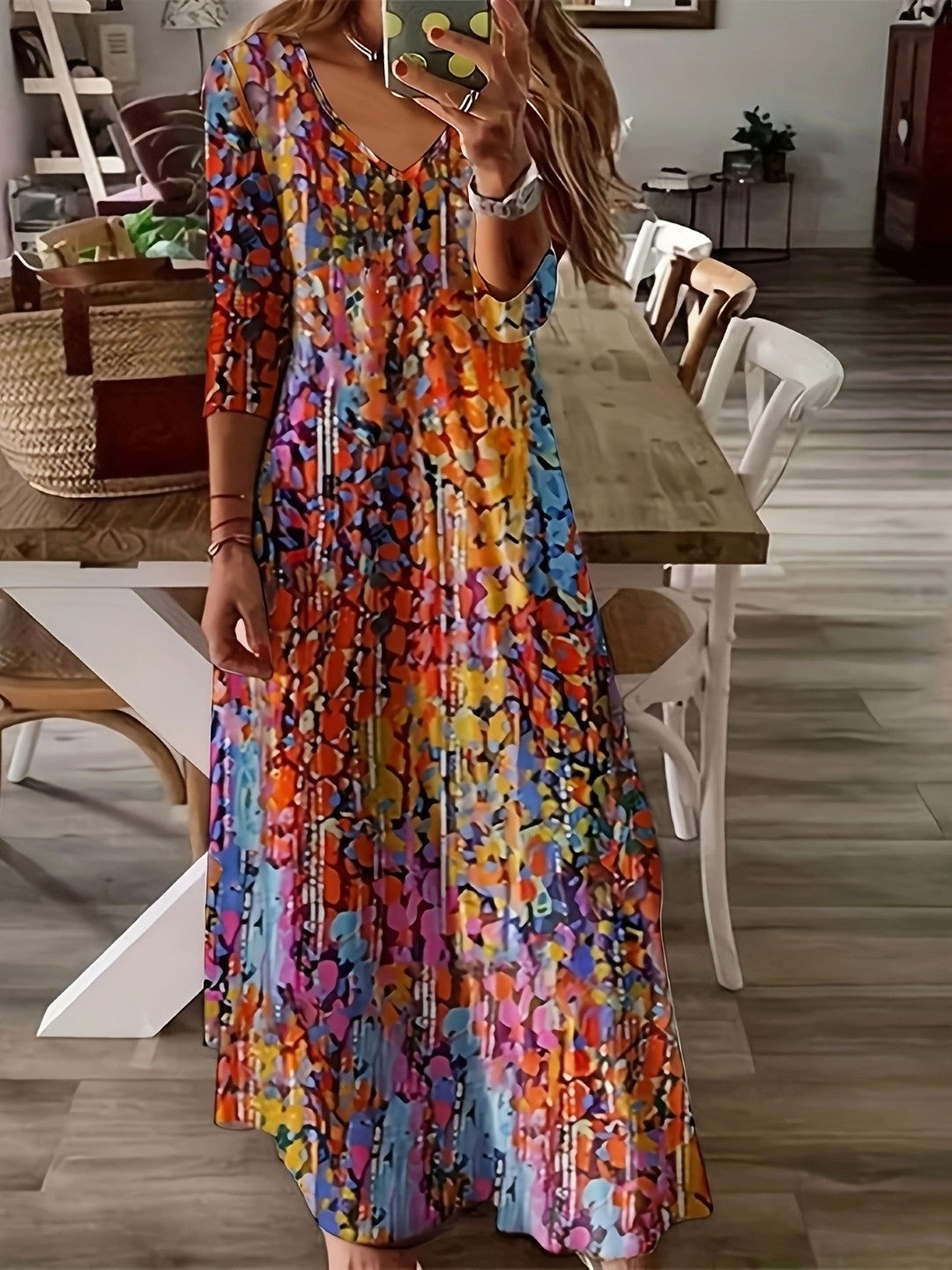 Red V-Neck A-Line Abstract Maxi Three-Quarter Sleeves Polyester Dress