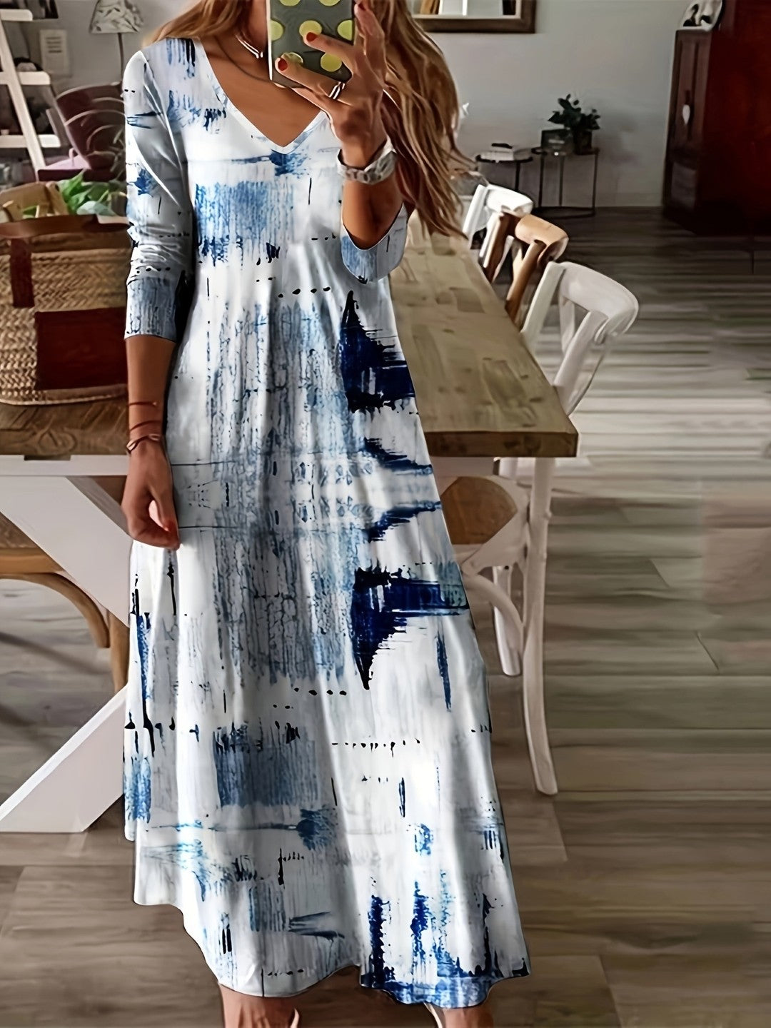 White V-Neck A-Line Abstract Maxi Three-Quarter Sleeves Polyester Dress