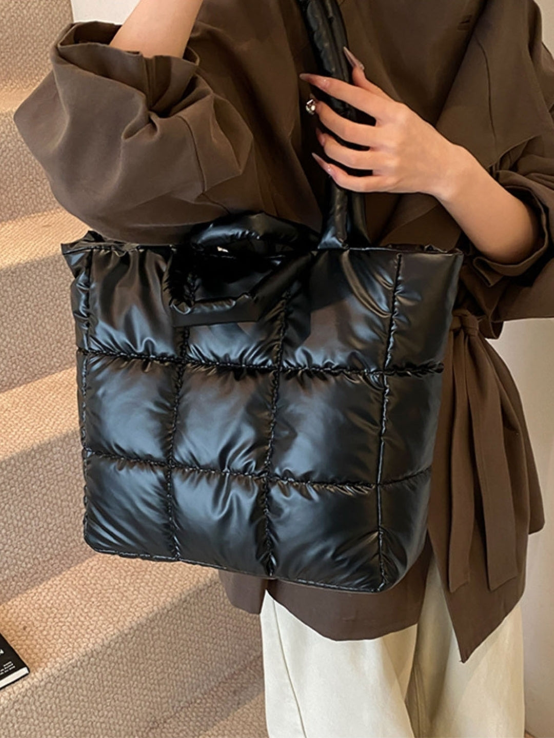 Black Textured Two Handles Shoulder Bag
