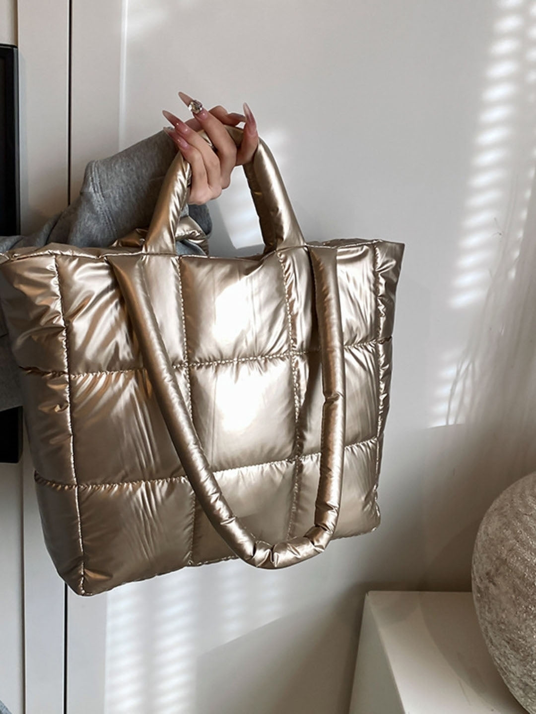 Gold Textured Two Handles Shoulder Bag