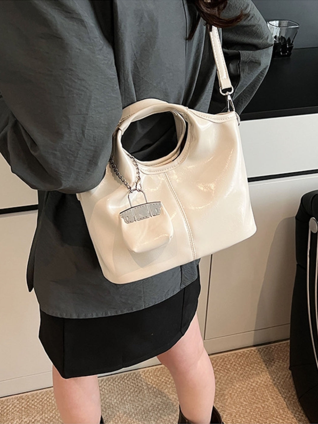 Cream Solid Two Handles Sling Bag