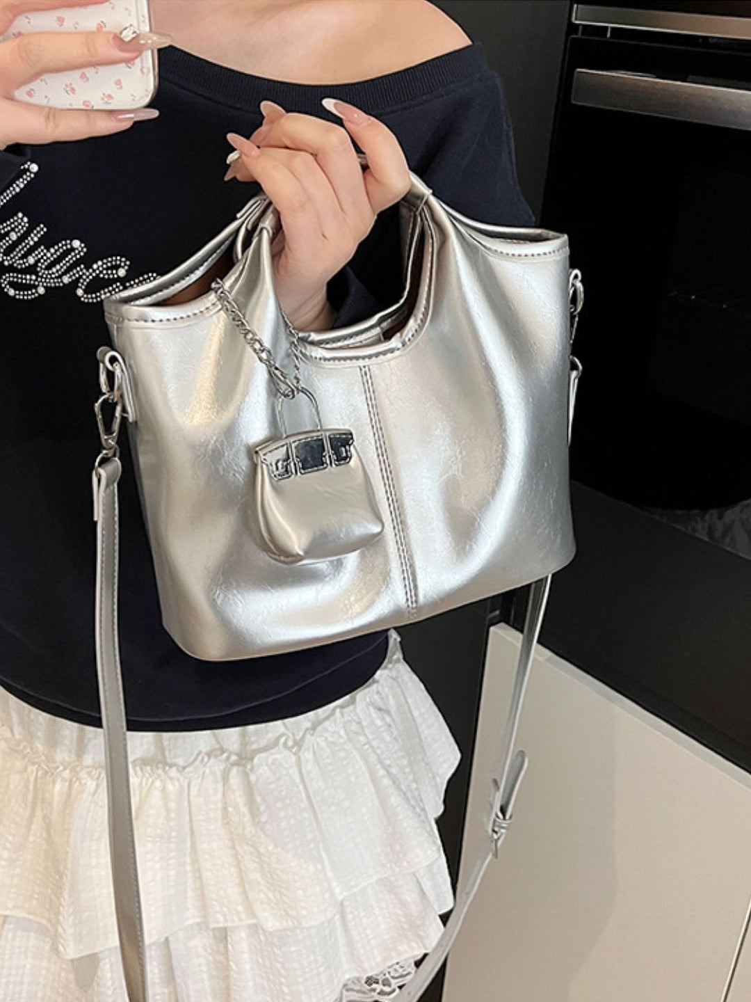 Silver Solid Two Handles Sling Bag