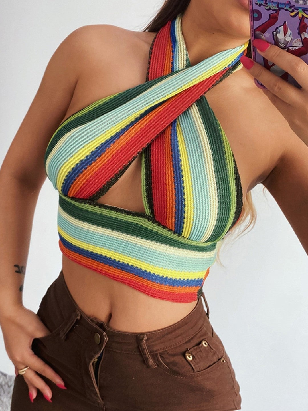 Green V-Neck Colourblocked Sleeveless Polyester Top