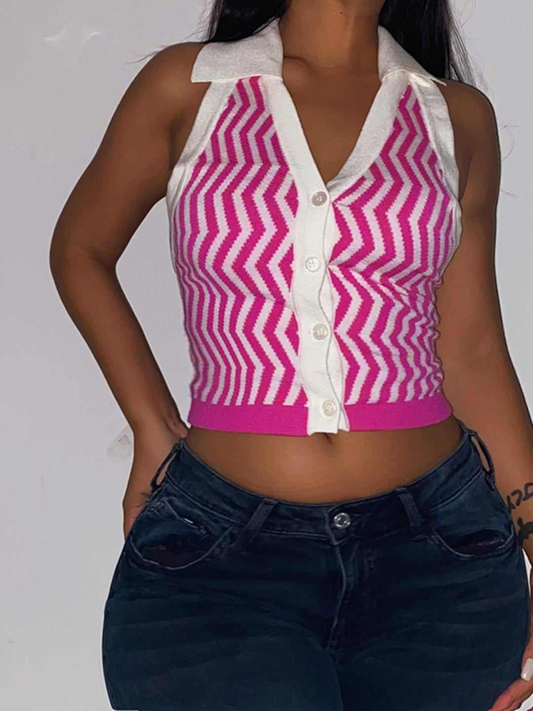 Pink Shirt Collar Striped Sleeveless Polyester Top