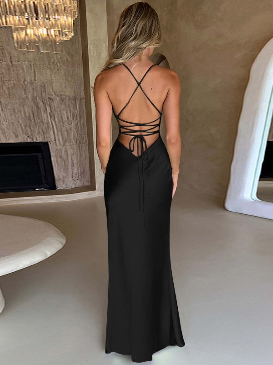 Black Shoulder Straps Solid Bodycon Sleeveless Polyester Maxi Dress